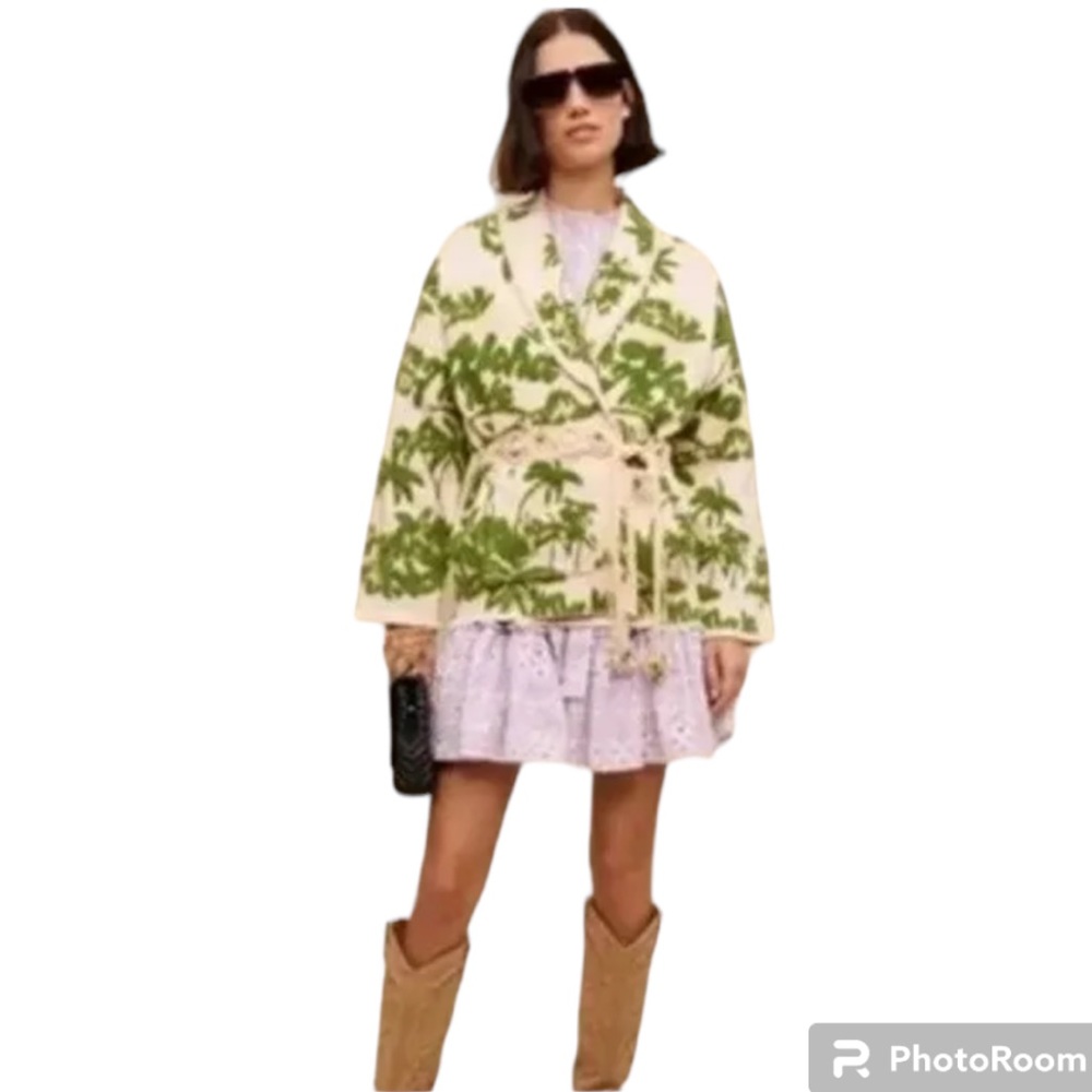 NWT Maje Imprime Aloha Beige Cardigan Belted Jacket Palm Print  Size 1 (small)